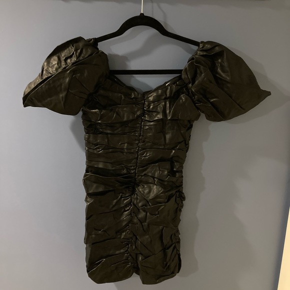 Puffy Sleeve Faux Leather Draped Mini Dress Black NWT - Picture 3 of 6